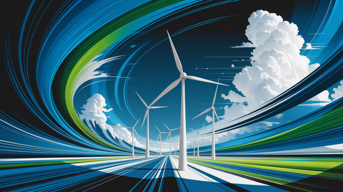 A conceptual illustration representing The Essence of Wind Power. Visualize the main ideas: . Creative but clear representation of the concept. Style: Visual Theme: Clean, modern aesthetic with high contrast and vibrant energy. Emphasize the intersect. high quality, detailed, professional, clean composition, good lighting, sharp focus, well-composed. high quality, professional, detailed, well-composed