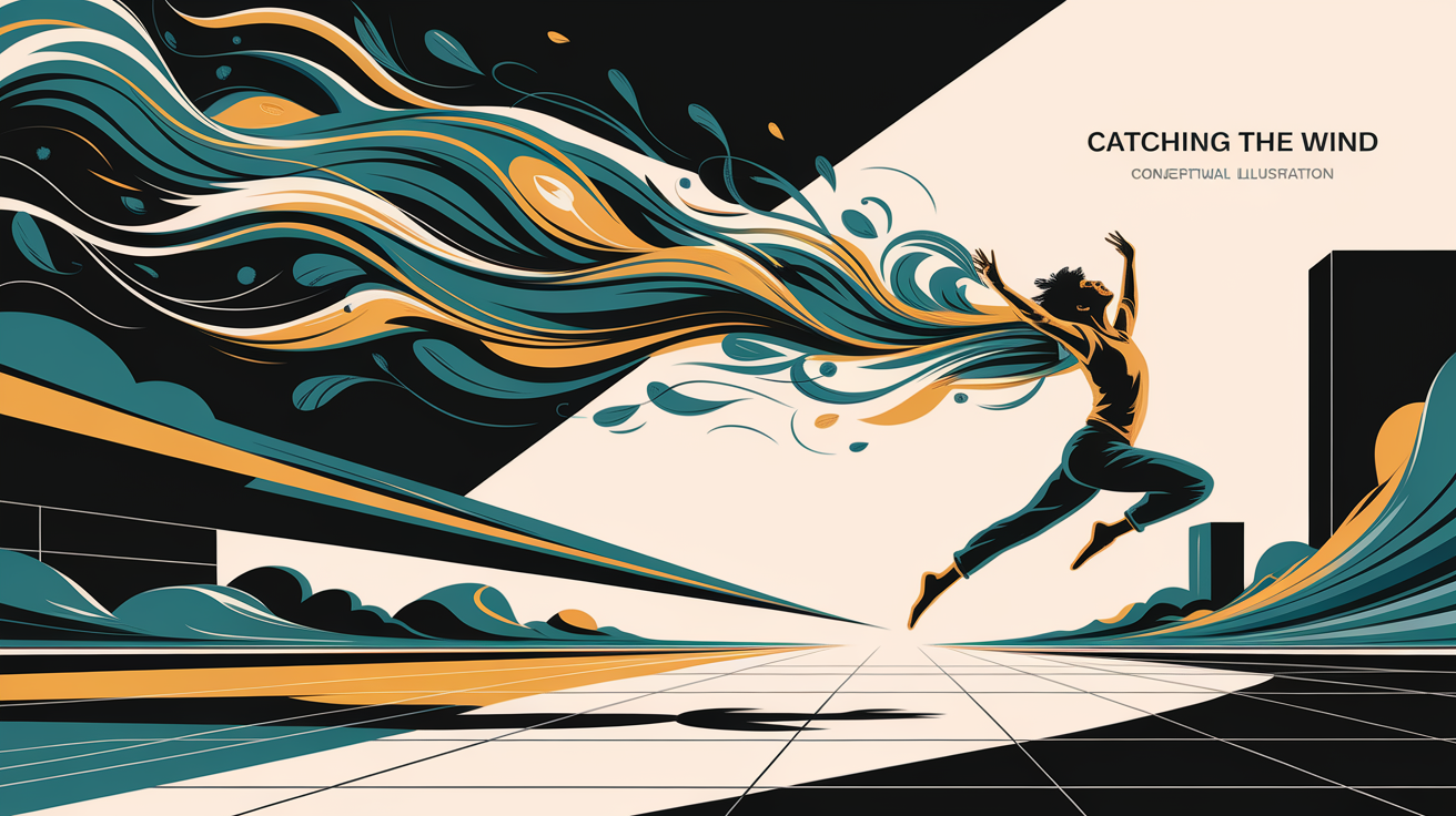 A conceptual illustration representing Catching the Wind. Visualize the main ideas: . Creative but clear representation of the concept. Style: Visual Theme: Clean, modern aesthetic with high contrast and vibrant energy. Emphasize the intersect. high quality, detailed, professional, clean composition, good lighting, sharp focus, well-composed. high quality, professional, detailed, well-composed