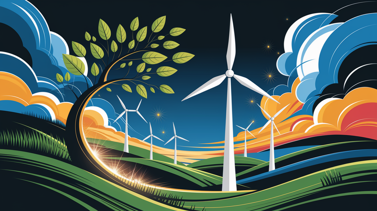 A conceptual illustration representing The Benefits of Wind Energy. Visualize the main ideas: . Creative but clear representation of the concept. Style: Visual Theme: Clean, modern aesthetic with high contrast and vibrant energy. Emphasize the intersect. high quality, detailed, professional, clean composition, good lighting, sharp focus, well-composed. high quality, professional, detailed, well-composed