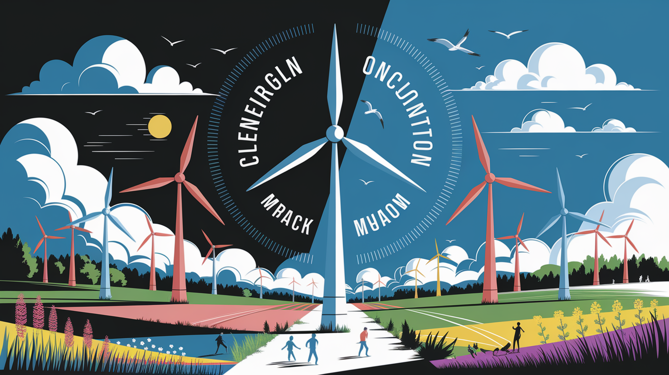 A conceptual illustration representing Benefits of Wind Power. Visualize the main ideas: . Creative but clear representation of the concept. Style: Visual Theme: Clean, modern aesthetic with high contrast and vibrant energy. Emphasize the intersect. high quality, detailed, professional, clean composition, good lighting, sharp focus, well-composed. high quality, professional, detailed, well-composed