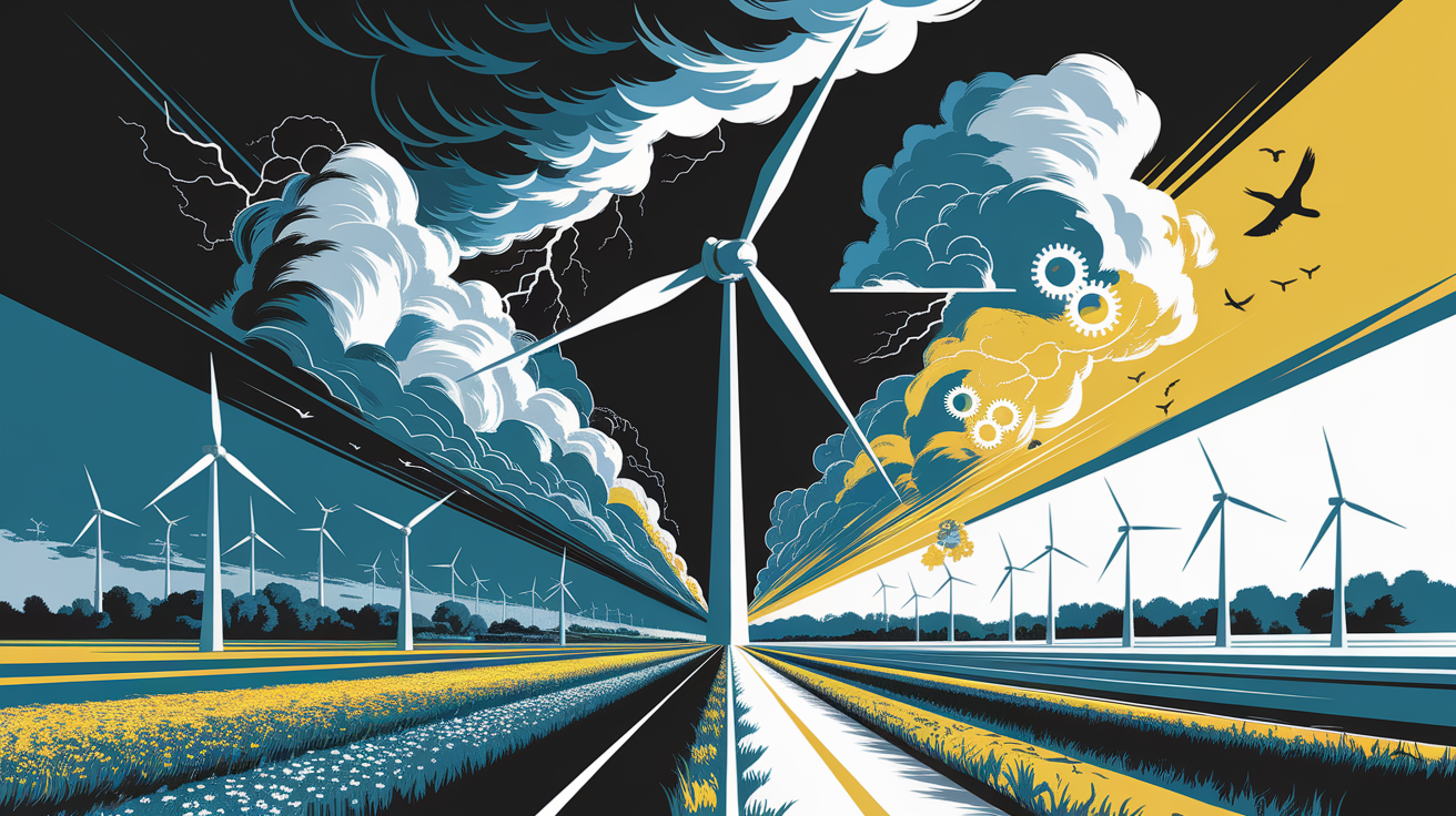 A conceptual illustration representing Challenges in Wind Power. Visualize the main ideas: . Creative but clear representation of the concept. Style: Visual Theme: Clean, modern aesthetic with high contrast and vibrant energy. Emphasize the intersect. high quality, detailed, professional, clean composition, good lighting, sharp focus, well-composed. high quality, professional, detailed, well-composed