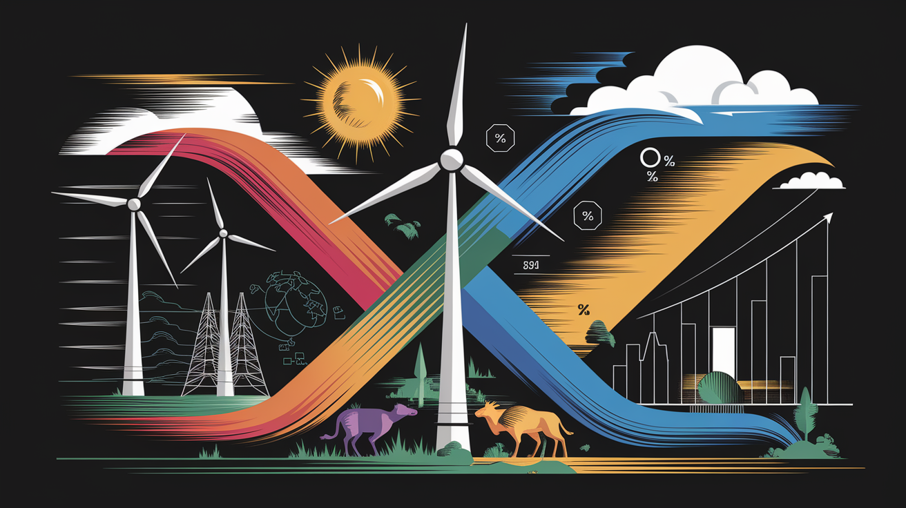 A conceptual illustration representing Challenges in Wind Power. Visualize the main ideas: . Creative but clear representation of the concept. Style: Visual Theme: Clean, modern aesthetic with high contrast and vibrant energy. Emphasize the intersect. high quality, detailed, professional, clean composition, good lighting, sharp focus, well-composed. high quality, professional, detailed, well-composed