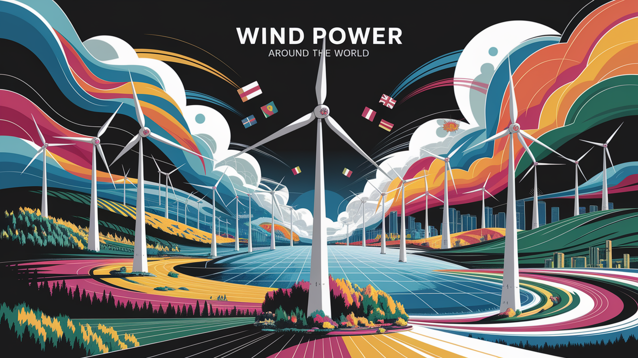 A conceptual illustration representing Wind Power Around the World. Visualize the main ideas: . Creative but clear representation of the concept. Style: Visual Theme: Clean, modern aesthetic with high contrast and vibrant energy. Emphasize the intersect. high quality, detailed, professional, clean composition, good lighting, sharp focus, well-composed. high quality, professional, detailed, well-composed