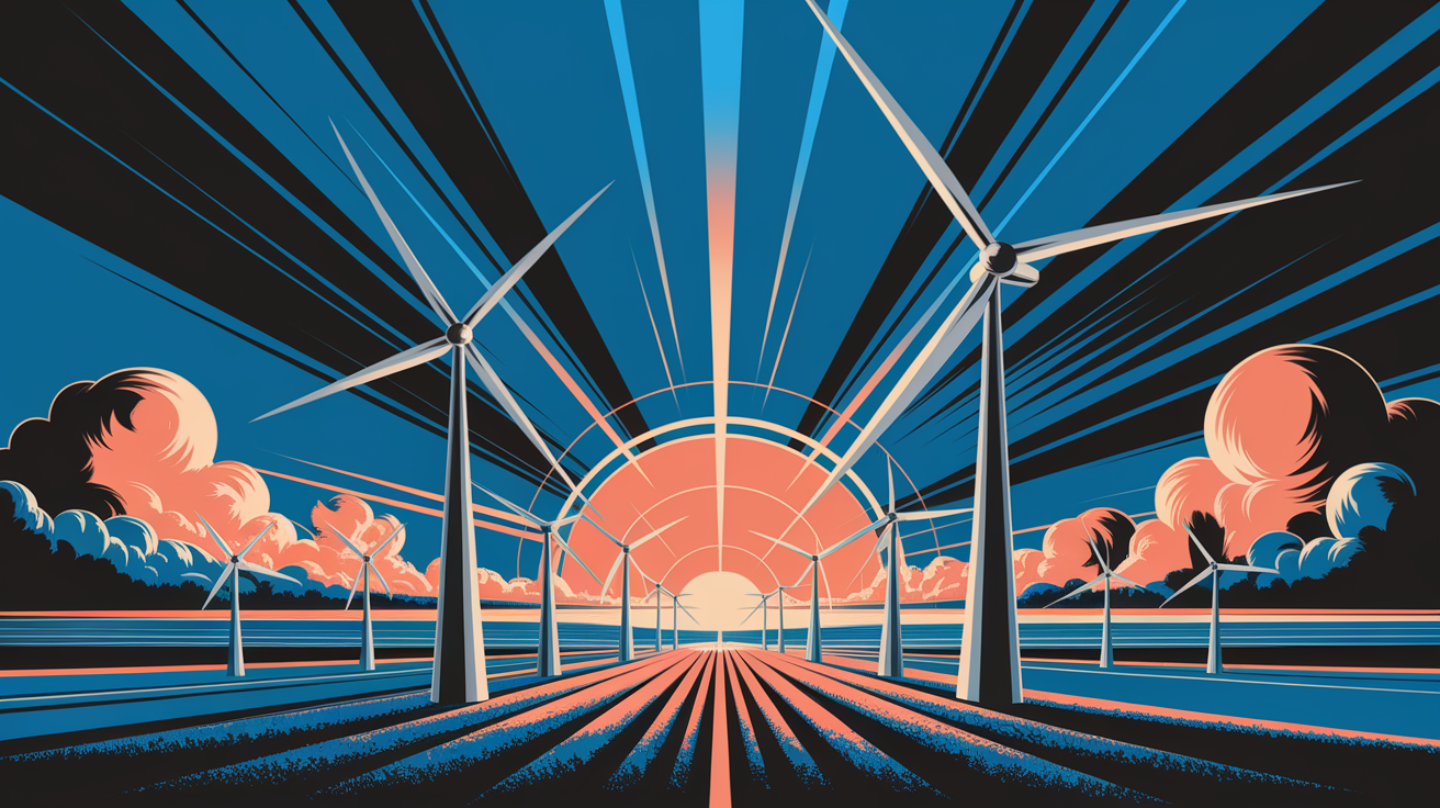 A conceptual illustration representing The Power of Wind Turbines. Visualize the main ideas: . Creative but clear representation of the concept. Style: Visual Theme: Clean, modern aesthetic with high contrast and vibrant energy. Emphasize the intersect. high quality, detailed, professional, clean composition, good lighting, sharp focus, well-composed. high quality, professional, detailed, well-composed