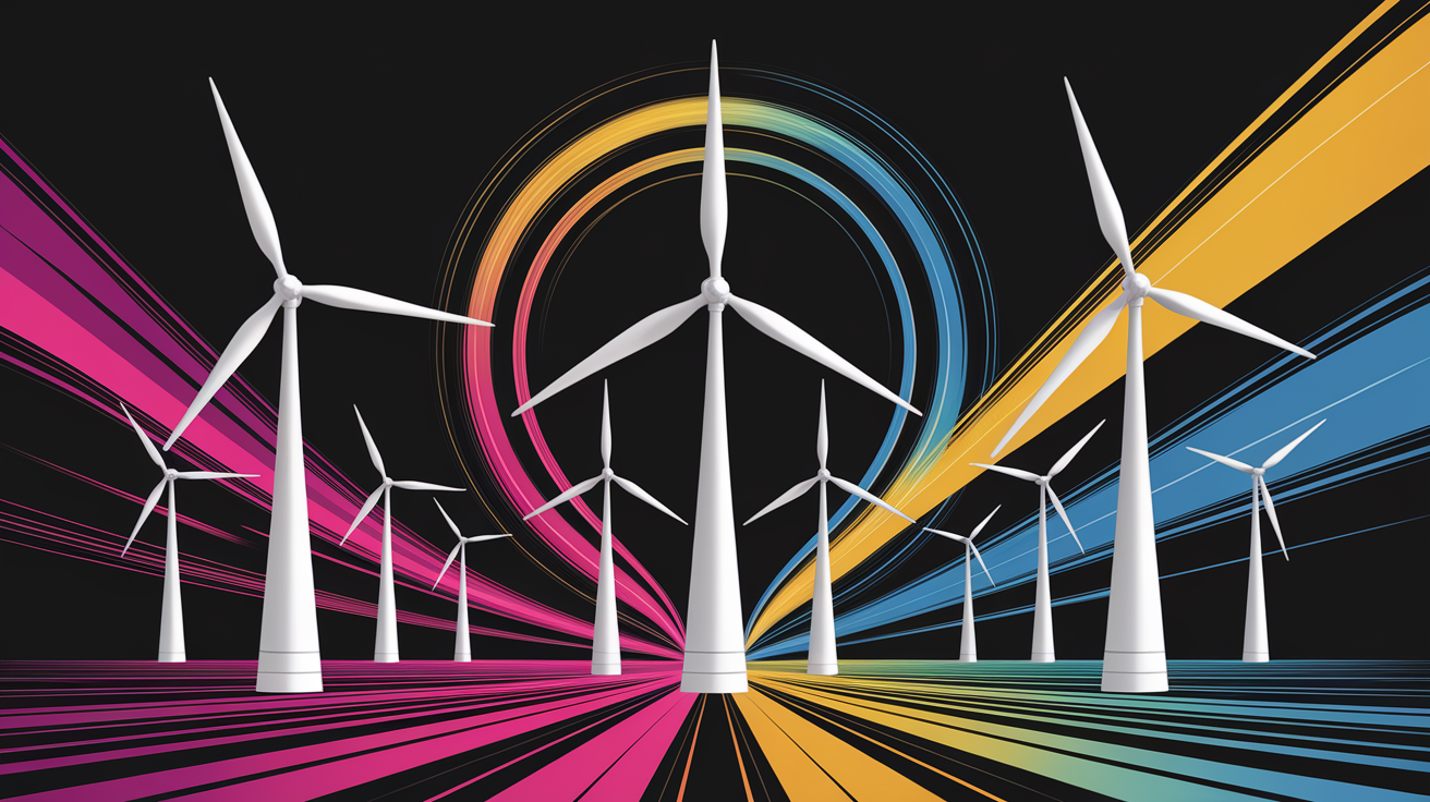 A conceptual illustration representing Types of Wind Turbines. Visualize the main ideas: . Creative but clear representation of the concept. Style: Visual Theme: Clean, modern aesthetic with high contrast and vibrant energy. Emphasize the intersect. high quality, detailed, professional, clean composition, good lighting, sharp focus, well-composed. high quality, professional, detailed, well-composed