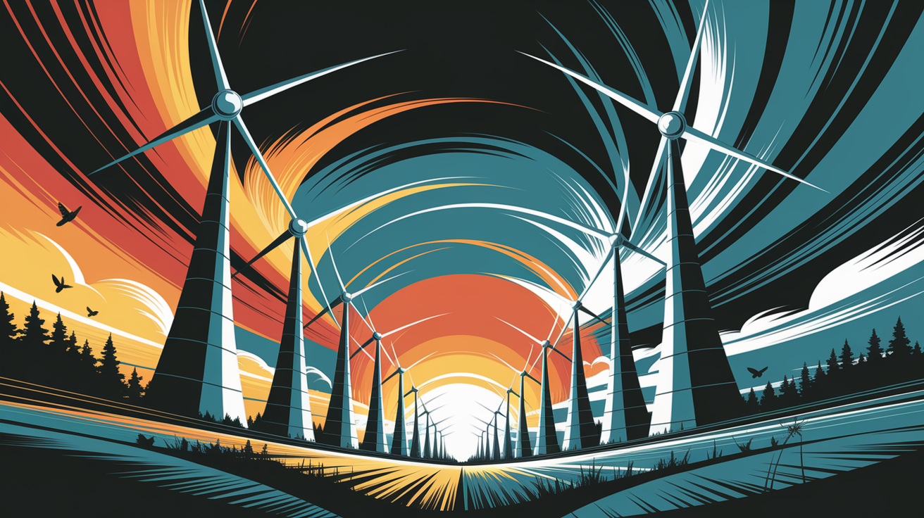 A conceptual illustration representing The Power of Wind Turbines. Visualize the main ideas: . Creative but clear representation of the concept. Style: Visual Theme: Clean, modern aesthetic with high contrast and vibrant energy. Emphasize the intersect. high quality, detailed, professional, clean composition, good lighting, sharp focus, well-composed. high quality, professional, detailed, well-composed