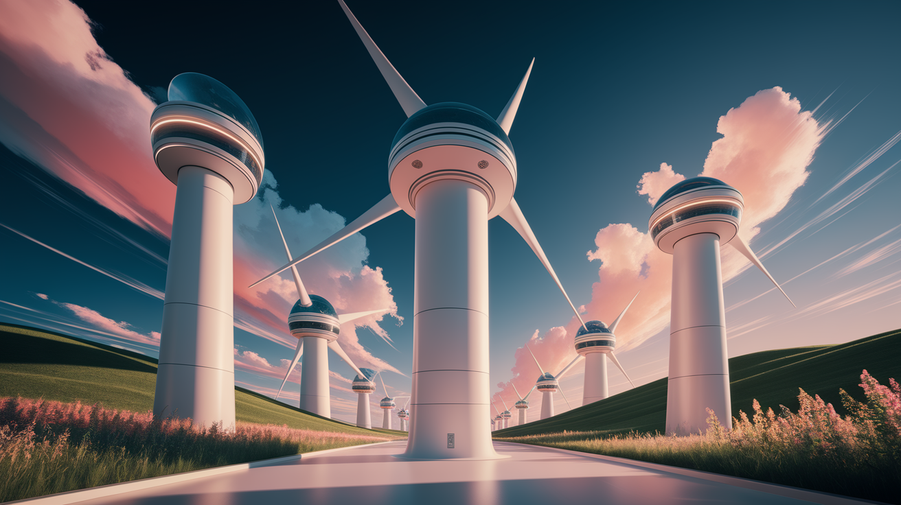 A professional product showcase or technology demonstration for Innovations in Wind Turbine Technology. Highlight . Clean, modern presentation with focus on functionality and design. Style: Visual Theme: Clean, modern aesthetic with high contrast and vibrant energy. Emphasize the intersect. high quality, detailed, professional, clean composition, good lighting, sharp focus, well-composed. high quality, professional, detailed, well-composed