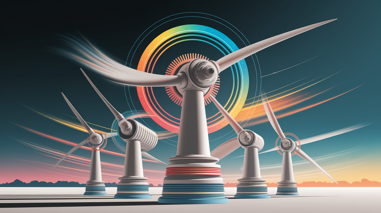 A conceptual illustration representing Key Components of Wind Turbines. Visualize the main ideas: . Creative but clear representation of the concept. Style: Visual Theme: Clean, modern aesthetic with high contrast and vibrant energy. Emphasize the intersect. high quality, detailed, professional, clean composition, good lighting, sharp focus, well-composed. high quality, professional, detailed, well-composed