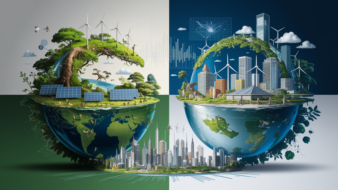 A conceptual illustration representing Environmental and Economic Impact. Visualize the main ideas: . Creative but clear representation of the concept. Style: Visual Theme: Clean, modern aesthetic with high contrast and vibrant energy. Emphasize the intersect. high quality, detailed, professional, clean composition, good lighting, sharp focus, well-composed. high quality, professional, detailed, well-composed