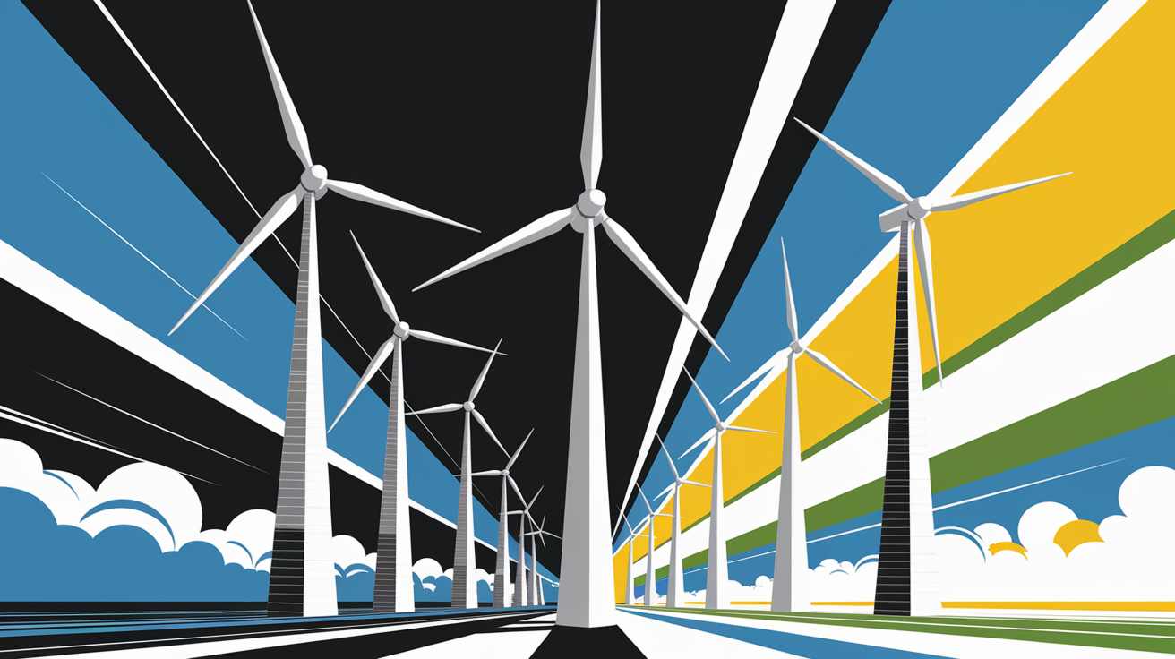 A conceptual illustration representing Types of Wind Turbines. Visualize the main ideas: . Creative but clear representation of the concept. Style: Visual Theme: Clean, modern aesthetic with high contrast and vibrant energy. Emphasize the intersect. high quality, detailed, professional, clean composition, good lighting, sharp focus, well-composed. high quality, professional, detailed, well-composed
