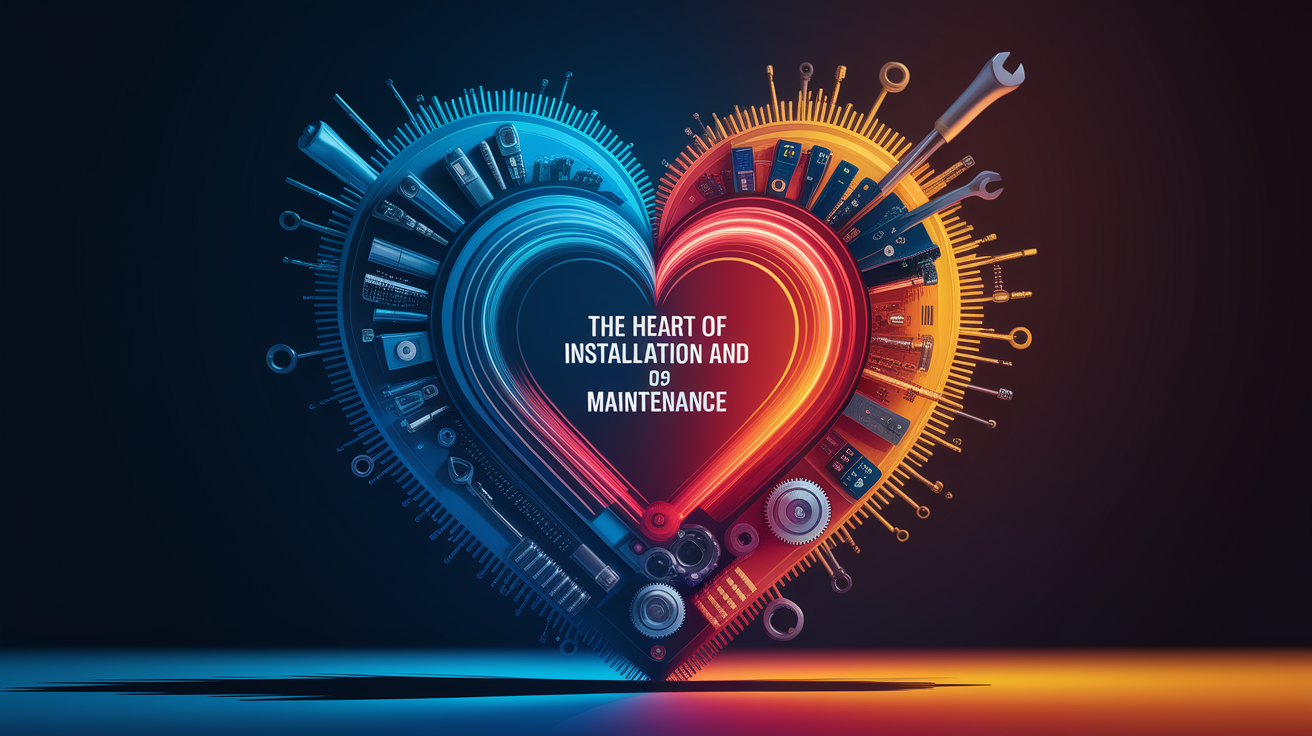 A conceptual illustration representing The Heart of Installation and Maintenance. Visualize the main ideas: . Creative but clear representation of the concept. Style: Visual Theme: Clean, modern aesthetic with high contrast and vibrant energy. Emphasize the intersect. high quality, detailed, professional, clean composition, good lighting, sharp focus, well-composed. high quality, professional, detailed, well-composed