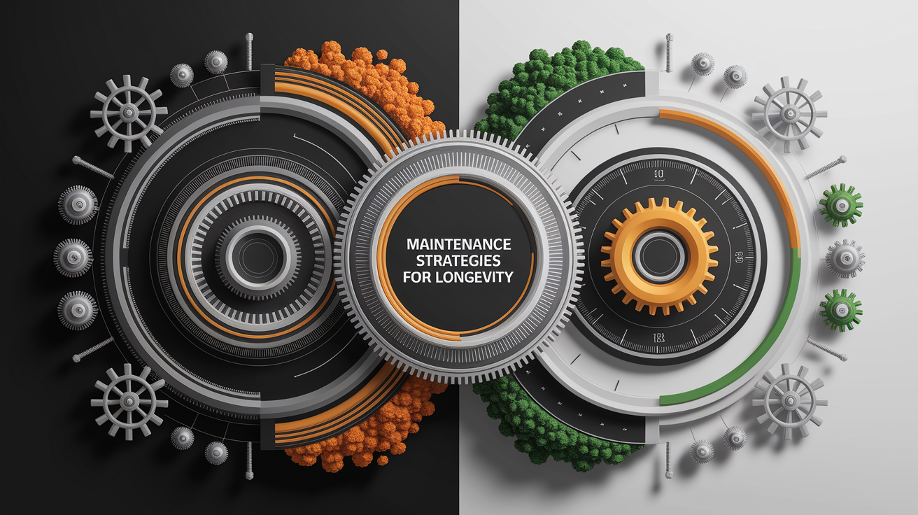 A conceptual illustration representing Maintenance Strategies for Longevity. Visualize the main ideas: . Creative but clear representation of the concept. Style: Visual Theme: Clean, modern aesthetic with high contrast and vibrant energy. Emphasize the intersect. high quality, detailed, professional, clean composition, good lighting, sharp focus, well-composed. high quality, professional, detailed, well-composed