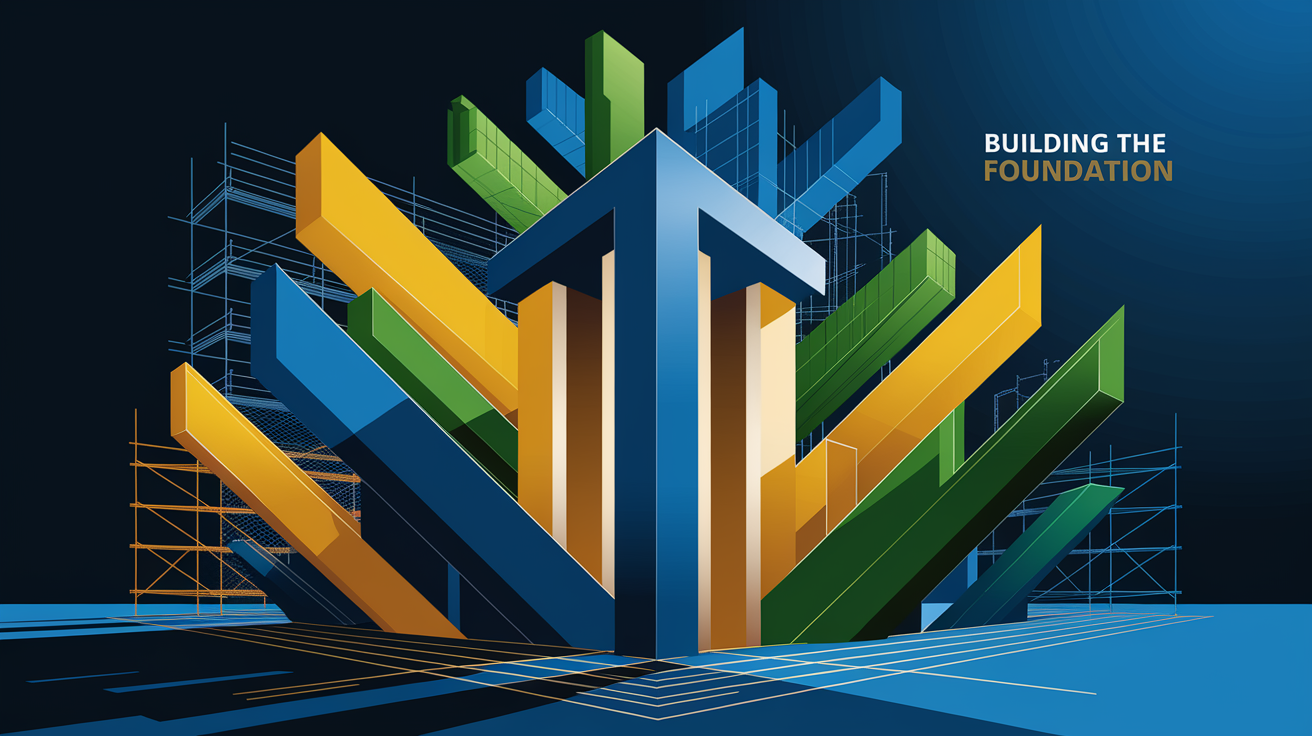 A conceptual illustration representing Building the Foundation. Visualize the main ideas: . Creative but clear representation of the concept. Style: Visual Theme: Clean, modern aesthetic with high contrast and vibrant energy. Emphasize the intersect. high quality, detailed, professional, clean composition, good lighting, sharp focus, well-composed. high quality, professional, detailed, well-composed