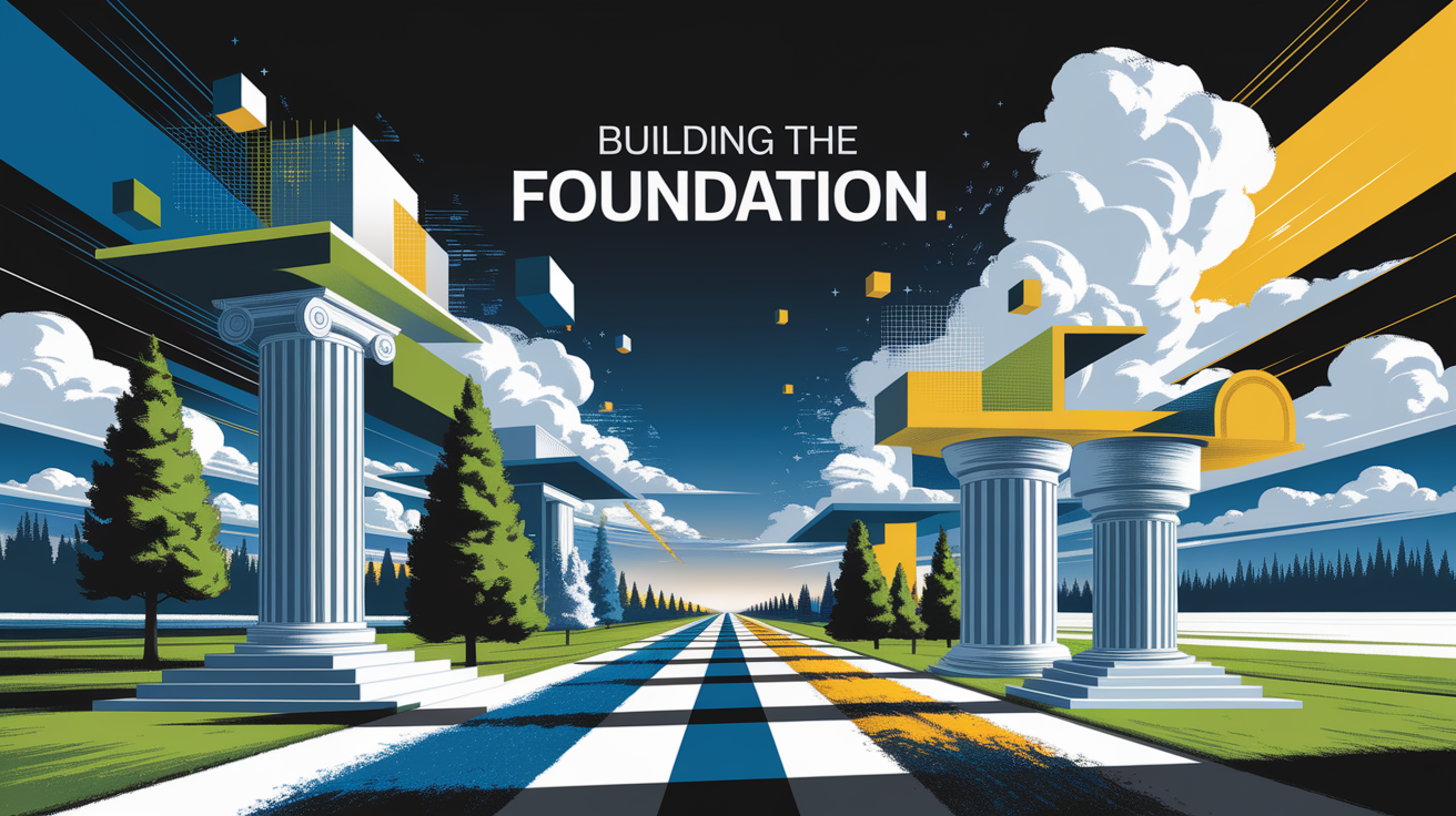 A conceptual illustration representing Building the Foundation. Visualize the main ideas: . Creative but clear representation of the concept. Style: Visual Theme: Clean, modern aesthetic with high contrast and vibrant energy. Emphasize the intersect. high quality, detailed, professional, clean composition, good lighting, sharp focus, well-composed. high quality, professional, detailed, well-composed