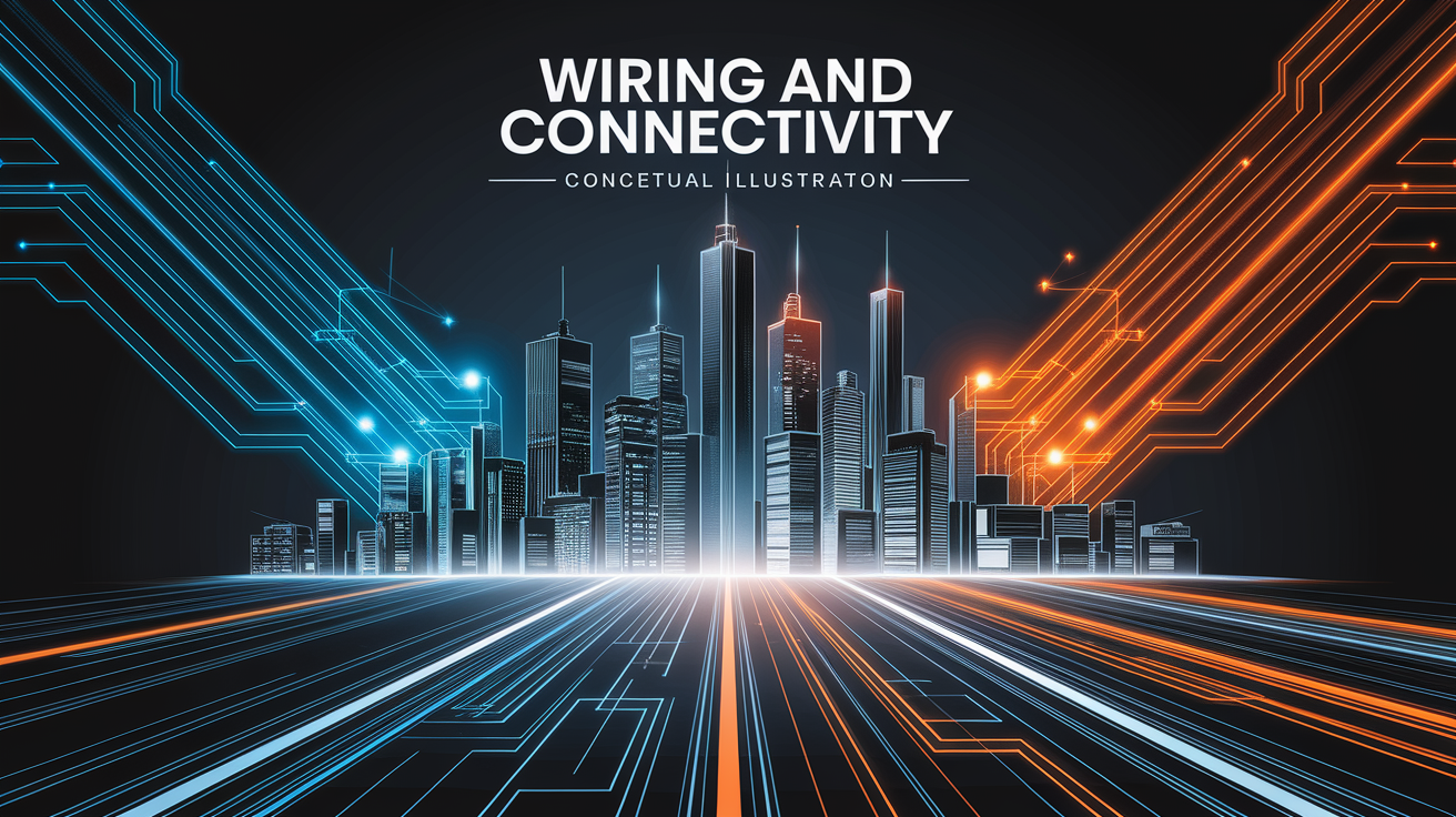 A conceptual illustration representing Wiring and Connectivity. Visualize the main ideas: . Creative but clear representation of the concept. Style: Visual Theme: Clean, modern aesthetic with high contrast and vibrant energy. Emphasize the intersect. high quality, detailed, professional, clean composition, good lighting, sharp focus, well-composed. high quality, professional, detailed, well-composed