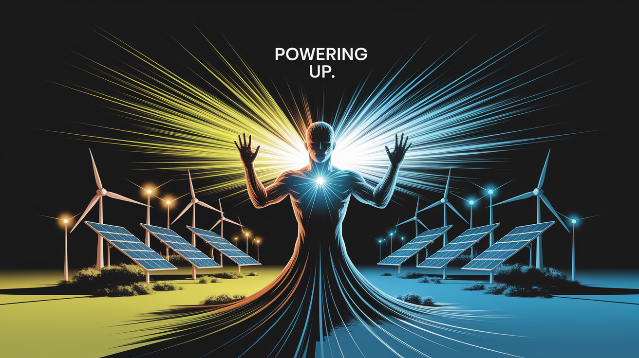 A conceptual illustration representing Powering Up. Visualize the main ideas: . Creative but clear representation of the concept. Style: Visual Theme: Clean, modern aesthetic with high contrast and vibrant energy. Emphasize the intersect. high quality, detailed, professional, clean composition, good lighting, sharp focus, well-composed. high quality, professional, detailed, well-composed