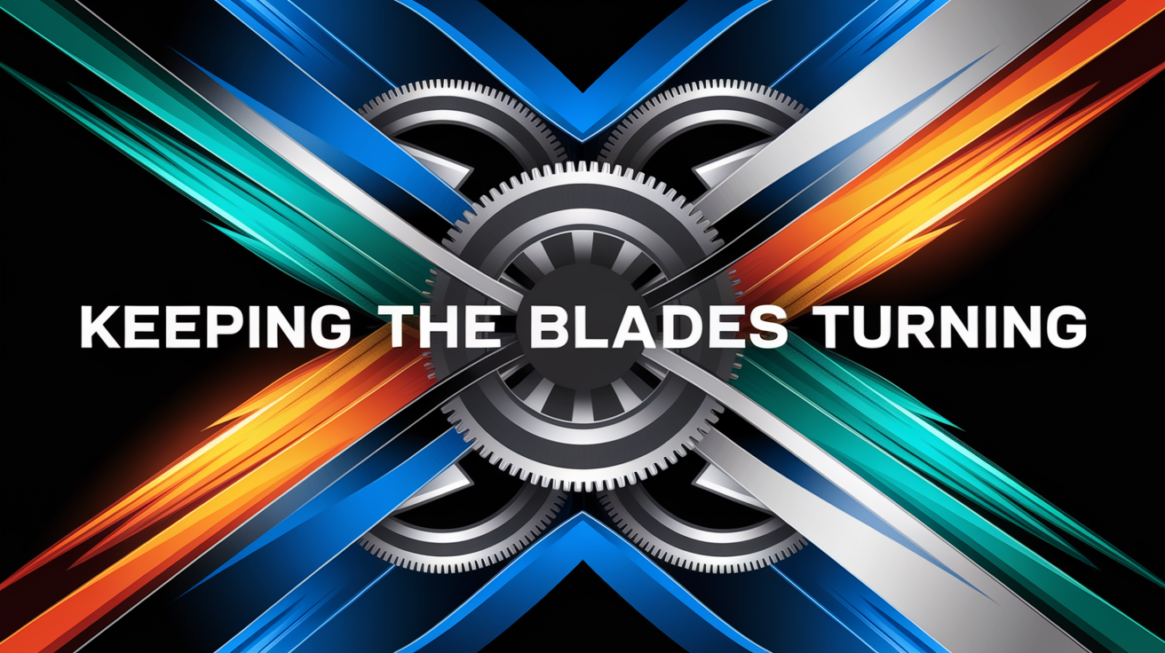 A conceptual illustration representing Keeping the Blades Turning. Visualize the main ideas: . Creative but clear representation of the concept. Style: Visual Theme: Clean, modern aesthetic with high contrast and vibrant energy. Emphasize the intersect. high quality, detailed, professional, clean composition, good lighting, sharp focus, well-composed. high quality, professional, detailed, well-composed