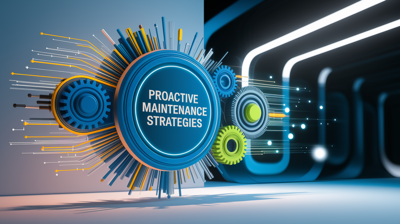 A conceptual illustration representing Proactive Maintenance Strategies. Visualize the main ideas: . Creative but clear representation of the concept. Style: Visual Theme: Clean, modern aesthetic with high contrast and vibrant energy. Emphasize the intersect. high quality, detailed, professional, clean composition, good lighting, sharp focus, well-composed. high quality, professional, detailed, well-composed