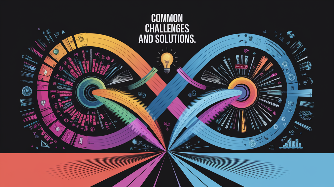 A conceptual illustration representing Common Challenges and Solutions. Visualize the main ideas: . Creative but clear representation of the concept. Style: Visual Theme: Clean, modern aesthetic with high contrast and vibrant energy. Emphasize the intersect. high quality, detailed, professional, clean composition, good lighting, sharp focus, well-composed. high quality, professional, detailed, well-composed