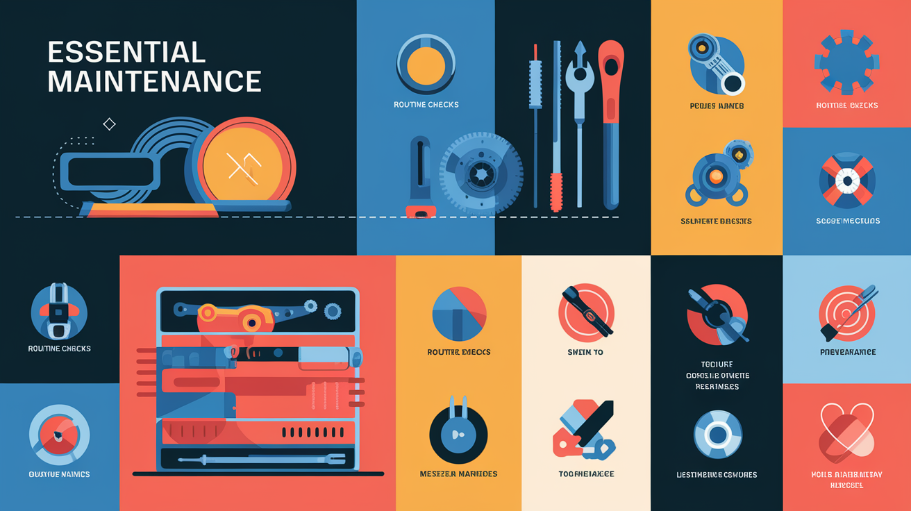 A conceptual illustration representing Essential Maintenance Techniques. Visualize the main ideas: . Creative but clear representation of the concept. Style: Visual Theme: Clean, modern aesthetic with high contrast and vibrant energy. Emphasize the intersect. high quality, detailed, professional, clean composition, good lighting, sharp focus, well-composed. high quality, professional, detailed, well-composed