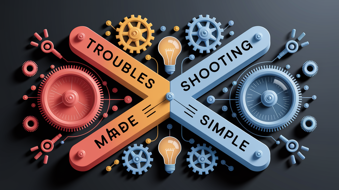 A conceptual illustration representing Troubleshooting Made Simple. Visualize the main ideas: . Creative but clear representation of the concept. Style: Visual Theme: Clean, modern aesthetic with high contrast and vibrant energy. Emphasize the intersect. high quality, detailed, professional, clean composition, good lighting, sharp focus, well-composed. high quality, professional, detailed, well-composed