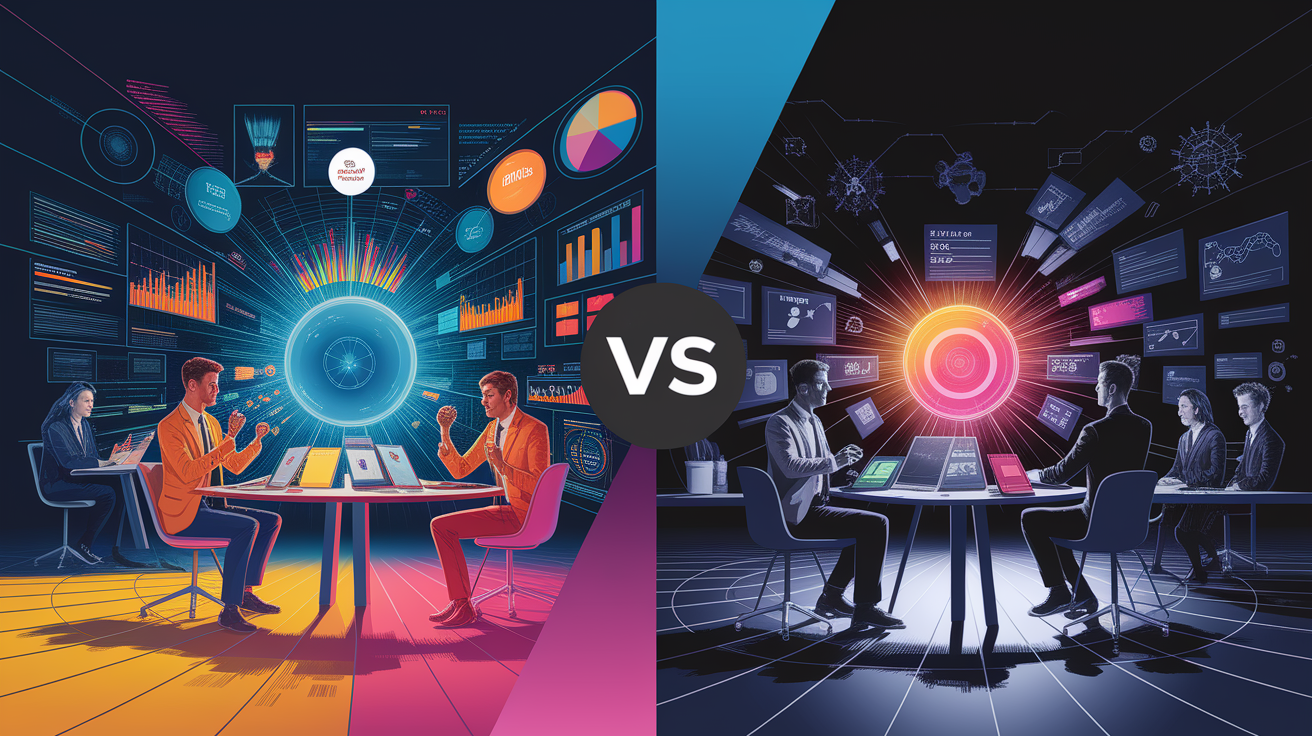 A side-by-side comparison visual for Proactive vs. Reactive Approaches. Show contrasting elements: . Use clear visual separation, possibly with split-screen or before/after layout. Style: Visual Theme: Clean, modern aesthetic with high contrast and vibrant energy. Emphasize the intersect. high quality, detailed, professional, clean composition, good lighting, sharp focus, well-composed. high quality, professional, detailed, well-composed