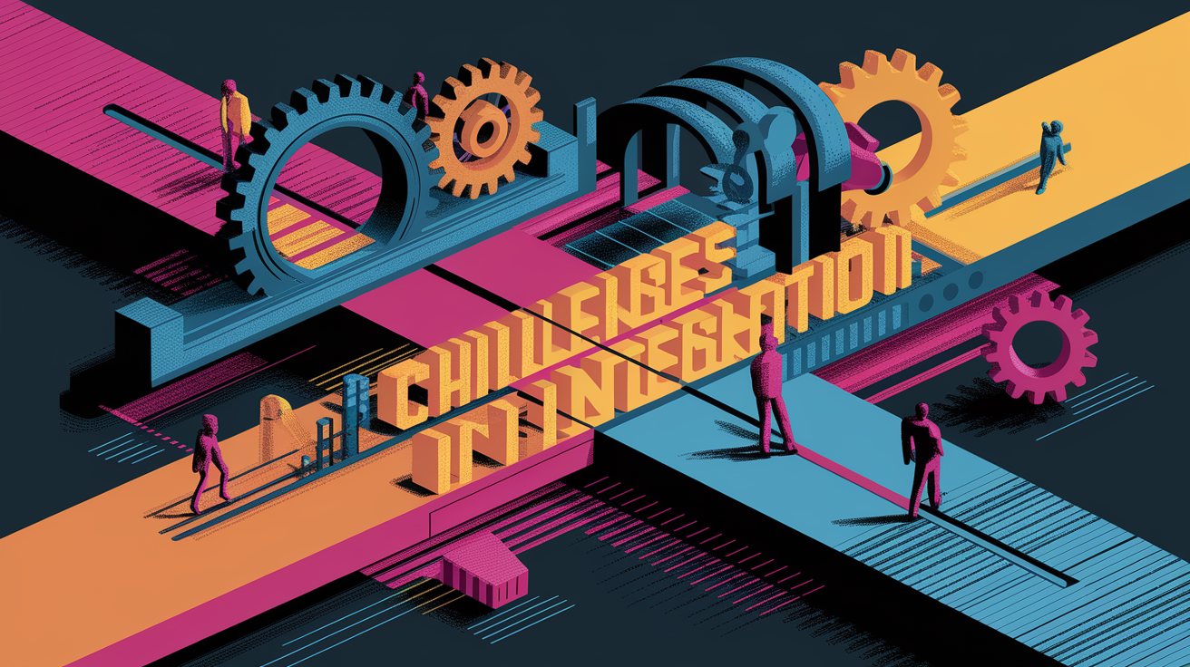 A conceptual illustration representing Challenges in Integration. Visualize the main ideas: . Creative but clear representation of the concept. Style: Visual Theme: Clean, modern aesthetic with high contrast and vibrant energy. Emphasize the intersect. high quality, detailed, professional, clean composition, good lighting, sharp focus, well-composed. high quality, professional, detailed, well-composed