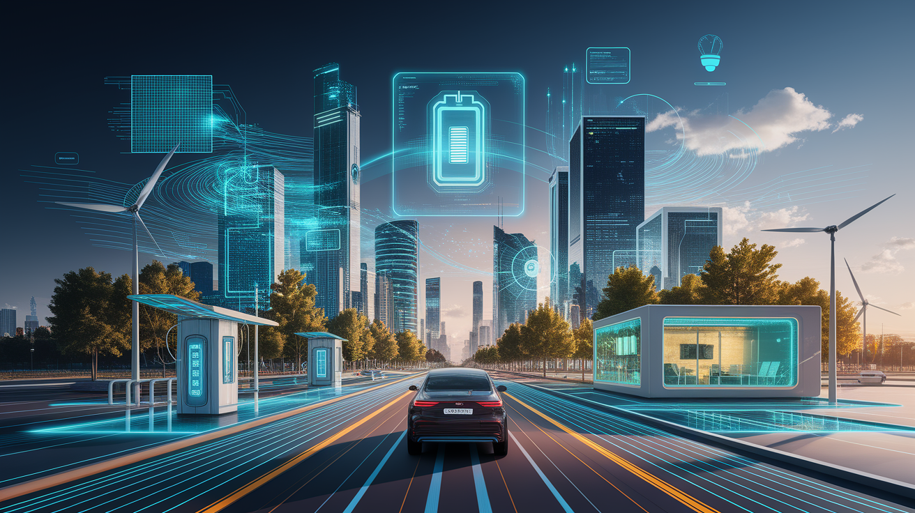 A conceptual illustration representing Future Trends in Battery Integration. Visualize the main ideas: . Creative but clear representation of the concept. Style: Visual Theme: Clean, modern aesthetic with high contrast and vibrant energy. Emphasize the intersect. high quality, detailed, professional, clean composition, good lighting, sharp focus, well-composed. high quality, professional, detailed, well-composed