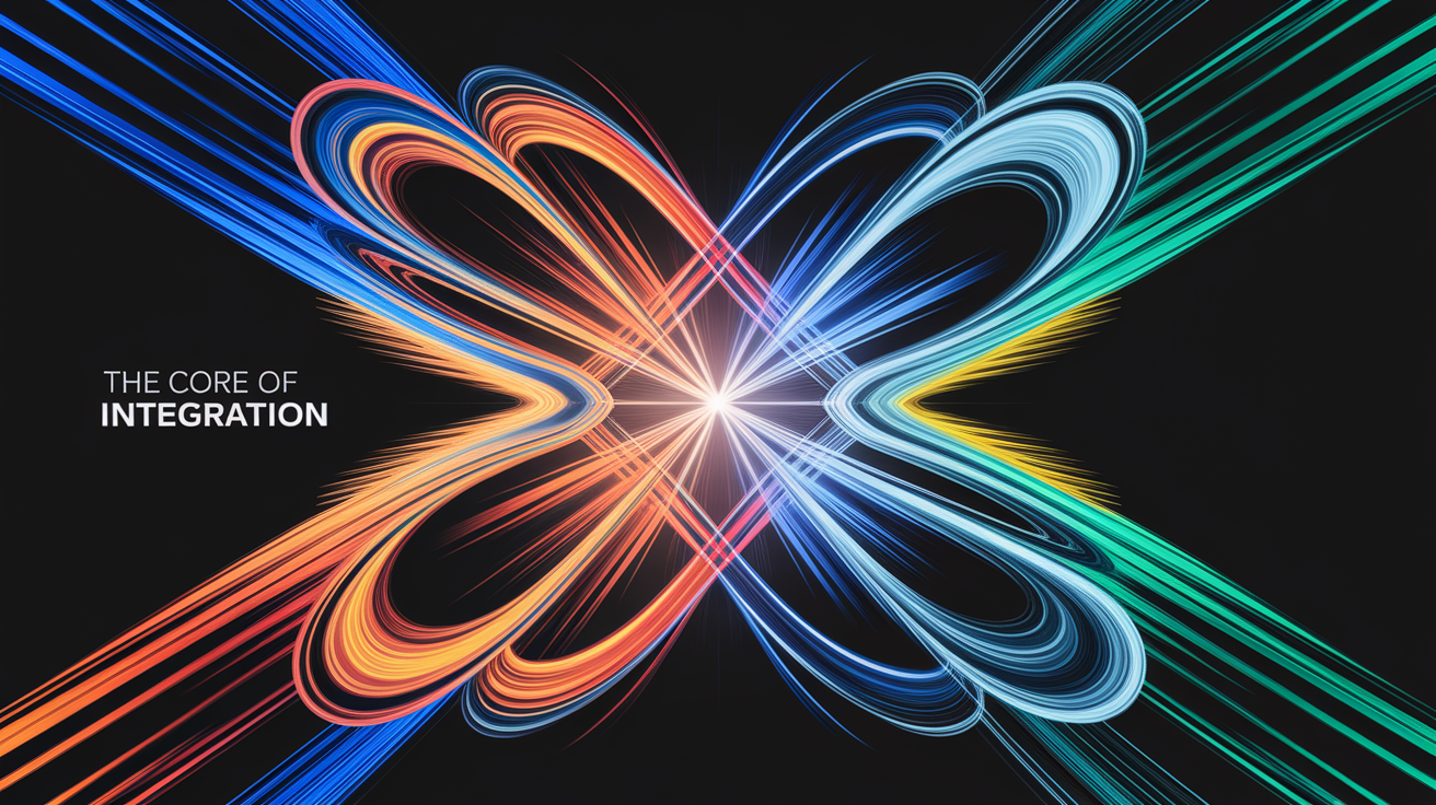 A conceptual illustration representing The Core of Integration. Visualize the main ideas: . Creative but clear representation of the concept. Style: Visual Theme: Clean, modern aesthetic with high contrast and vibrant energy. Emphasize the intersect. high quality, detailed, professional, clean composition, good lighting, sharp focus, well-composed. high quality, professional, detailed, well-composed