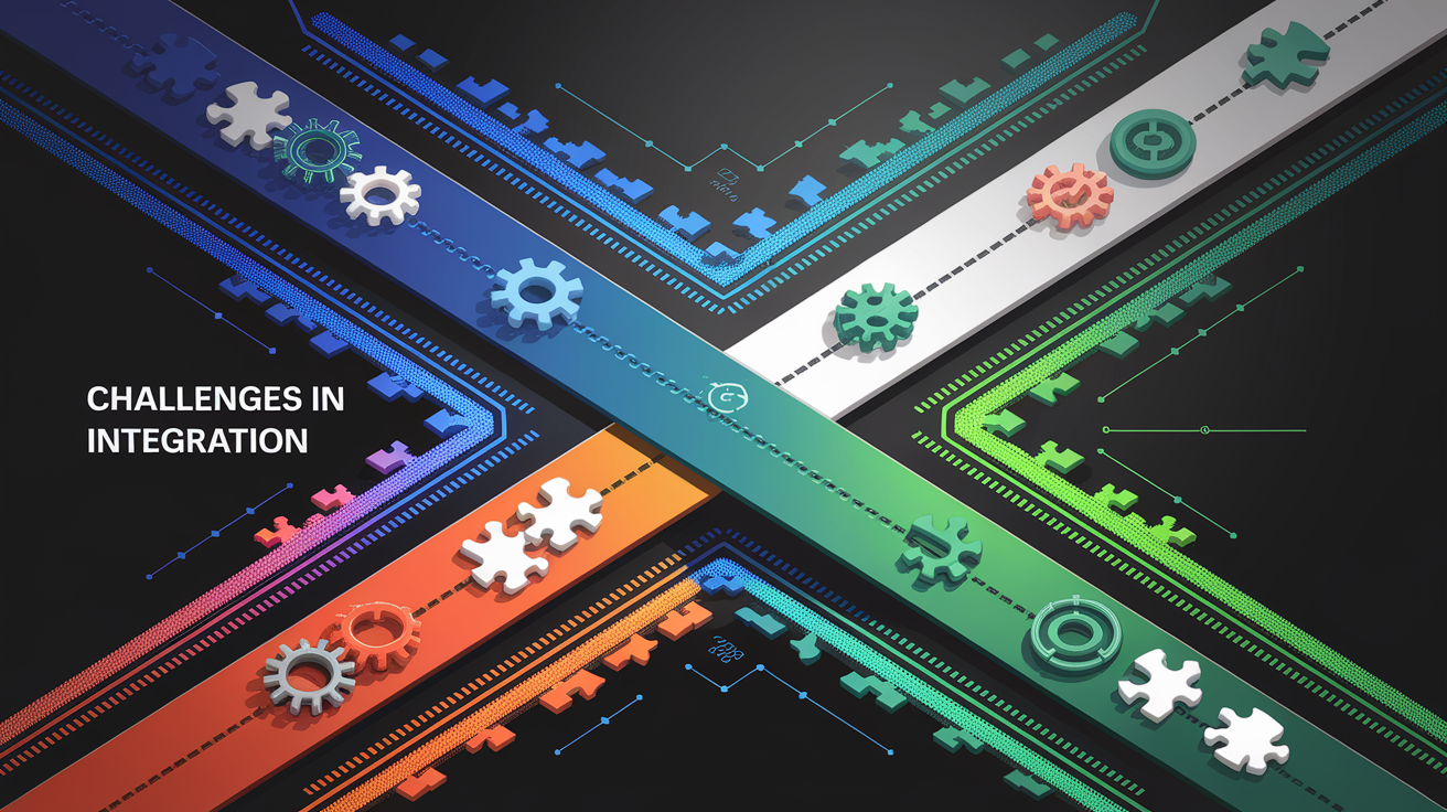 A conceptual illustration representing Challenges in Integration. Visualize the main ideas: . Creative but clear representation of the concept. Style: Visual Theme: Clean, modern aesthetic with high contrast and vibrant energy. Emphasize the intersect. high quality, detailed, professional, clean composition, good lighting, sharp focus, well-composed. high quality, professional, detailed, well-composed