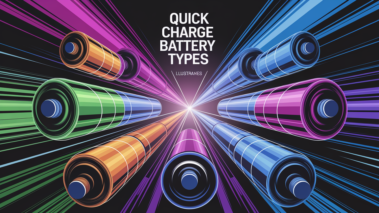 A conceptual illustration representing The Quick Charge on Battery Types. Visualize the main ideas: . Creative but clear representation of the concept. Style: Visual Theme: Clean, modern aesthetic with high contrast and vibrant energy. Emphasize the intersect. high quality, detailed, professional, clean composition, good lighting, sharp focus, well-composed. high quality, professional, detailed, well-composed