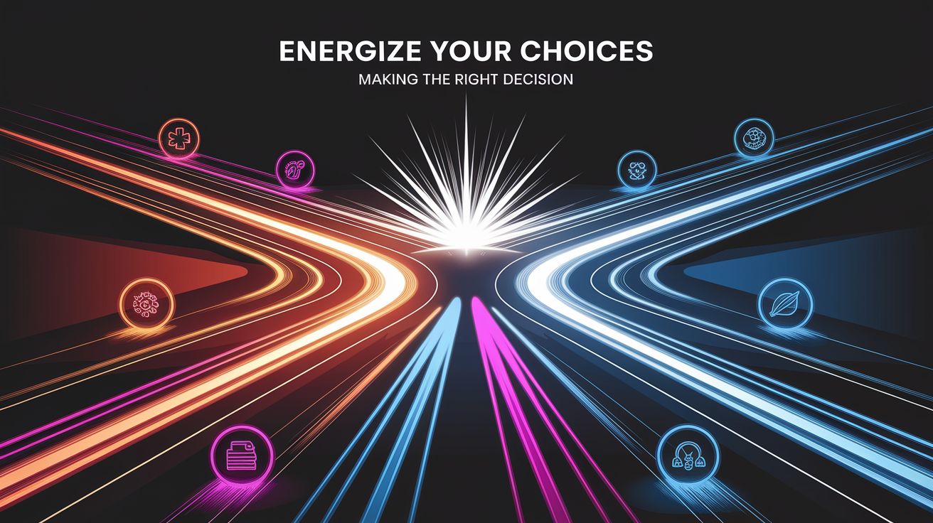 A conceptual illustration representing Energize Your Choices: Making the Right Decision. Visualize the main ideas: . Creative but clear representation of the concept. Style: Visual Theme: Clean, modern aesthetic with high contrast and vibrant energy. Emphasize the intersect. high quality, detailed, professional, clean composition, good lighting, sharp focus, well-composed. high quality, professional, detailed, well-composed