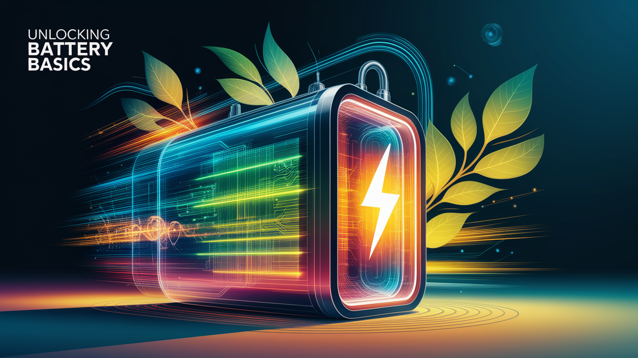 A conceptual illustration representing Unlocking Battery Basics. Visualize the main ideas: . Creative but clear representation of the concept. Style: Visual Theme: Clean, modern aesthetic with high contrast and vibrant energy. Emphasize the intersect. high quality, detailed, professional, clean composition, good lighting, sharp focus, well-composed. high quality, professional, detailed, well-composed