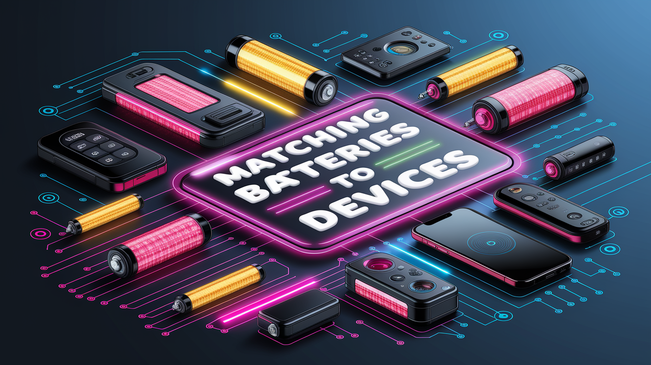 A conceptual illustration representing Matching Batteries to Devices. Visualize the main ideas: . Creative but clear representation of the concept. Style: Visual Theme: Clean, modern aesthetic with high contrast and vibrant energy. Emphasize the intersect. high quality, detailed, professional, clean composition, good lighting, sharp focus, well-composed. high quality, professional, detailed, well-composed