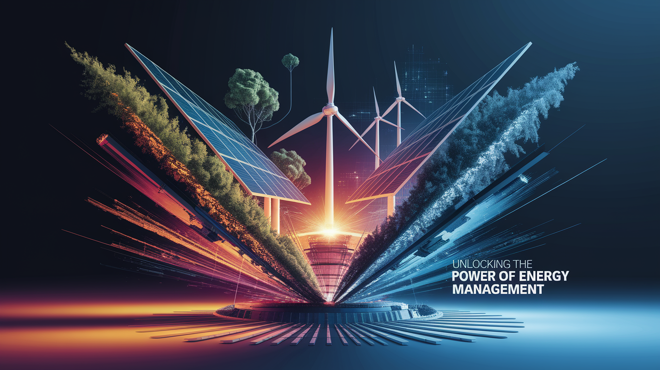 A conceptual illustration representing Unlocking the Power of Energy Management. Visualize the main ideas: . Creative but clear representation of the concept. Style: Visual Theme: Clean, modern aesthetic with high contrast and vibrant energy. Emphasize the intersect. high quality, detailed, professional, clean composition, good lighting, sharp focus, well-composed. high quality, professional, detailed, well-composed