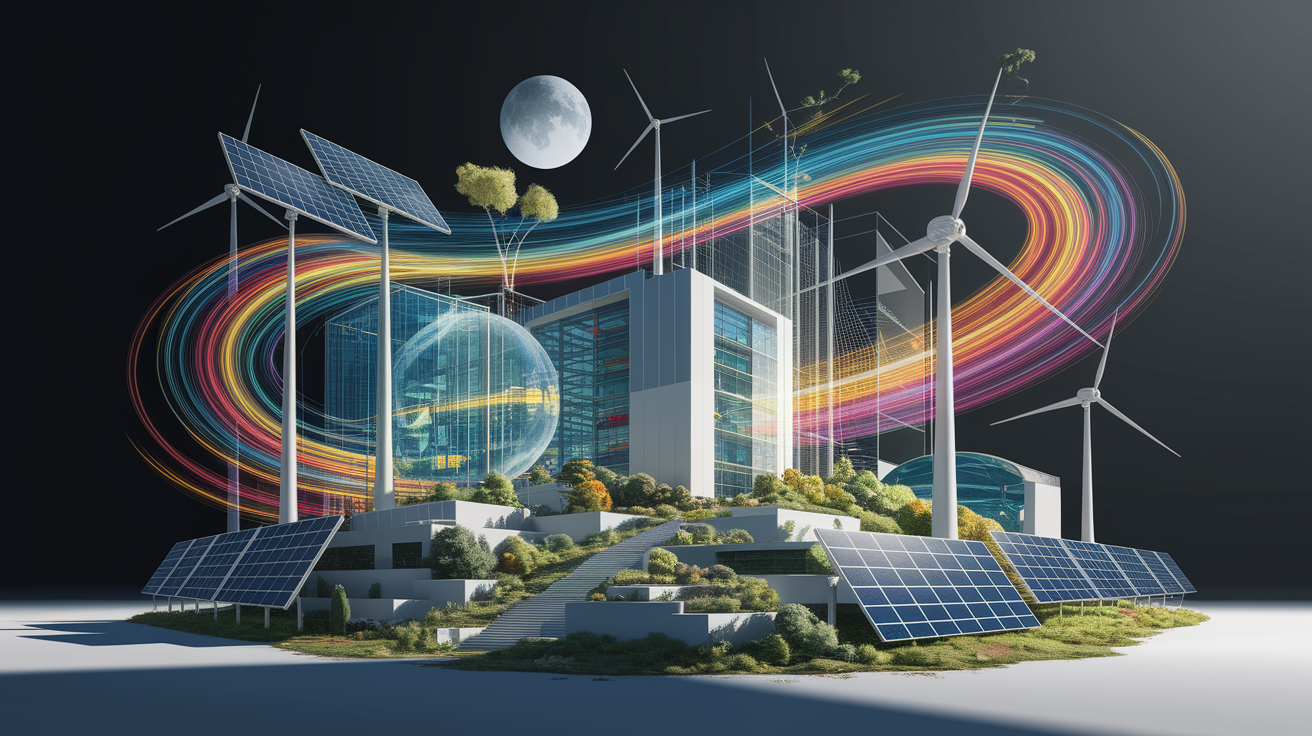 A conceptual illustration representing The Power of Strategic Energy Management. Visualize the main ideas: . Creative but clear representation of the concept. Style: Visual Theme: Clean, modern aesthetic with high contrast and vibrant energy. Emphasize the intersect. high quality, detailed, professional, clean composition, good lighting, sharp focus, well-composed. high quality, professional, detailed, well-composed