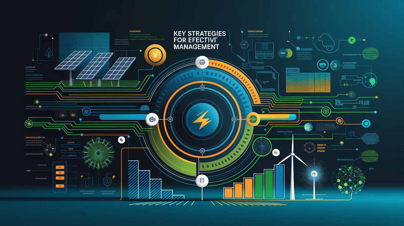 A conceptual illustration representing Key Strategies for Effective Energy Management. Visualize the main ideas: . Creative but clear representation of the concept. Style: Visual Theme: Clean, modern aesthetic with high contrast and vibrant energy. Emphasize the intersect. high quality, detailed, professional, clean composition, good lighting, sharp focus, well-composed. high quality, professional, detailed, well-composed