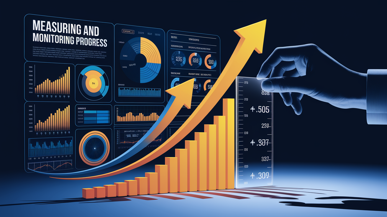 A conceptual illustration representing Measuring and Monitoring Progress. Visualize the main ideas: . Creative but clear representation of the concept. Style: Visual Theme: Clean, modern aesthetic with high contrast and vibrant energy. Emphasize the intersect. high quality, detailed, professional, clean composition, good lighting, sharp focus, well-composed. high quality, professional, detailed, well-composed