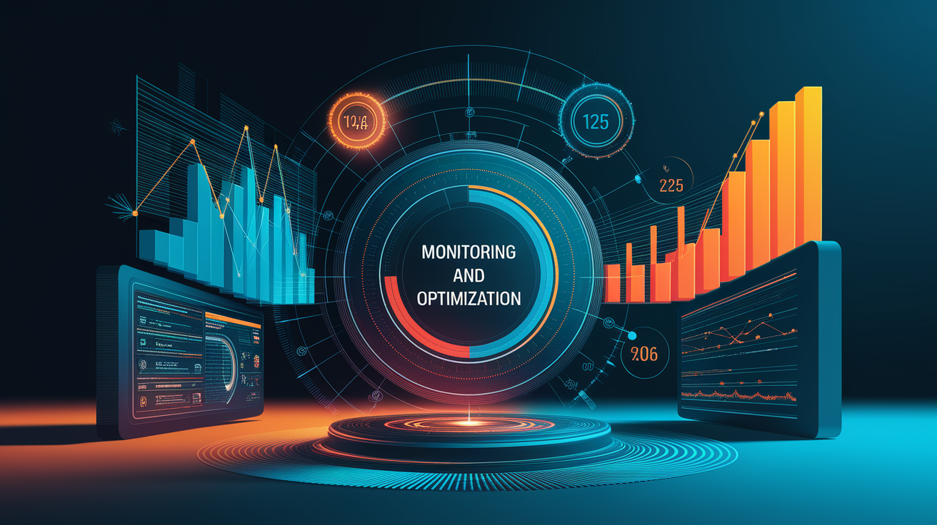 A conceptual illustration representing Monitoring and Optimization. Visualize the main ideas: . Creative but clear representation of the concept. Style: Visual Theme: Clean, modern aesthetic with high contrast and vibrant energy. Emphasize the intersect. high quality, detailed, professional, clean composition, good lighting, sharp focus, well-composed. high quality, professional, detailed, well-composed