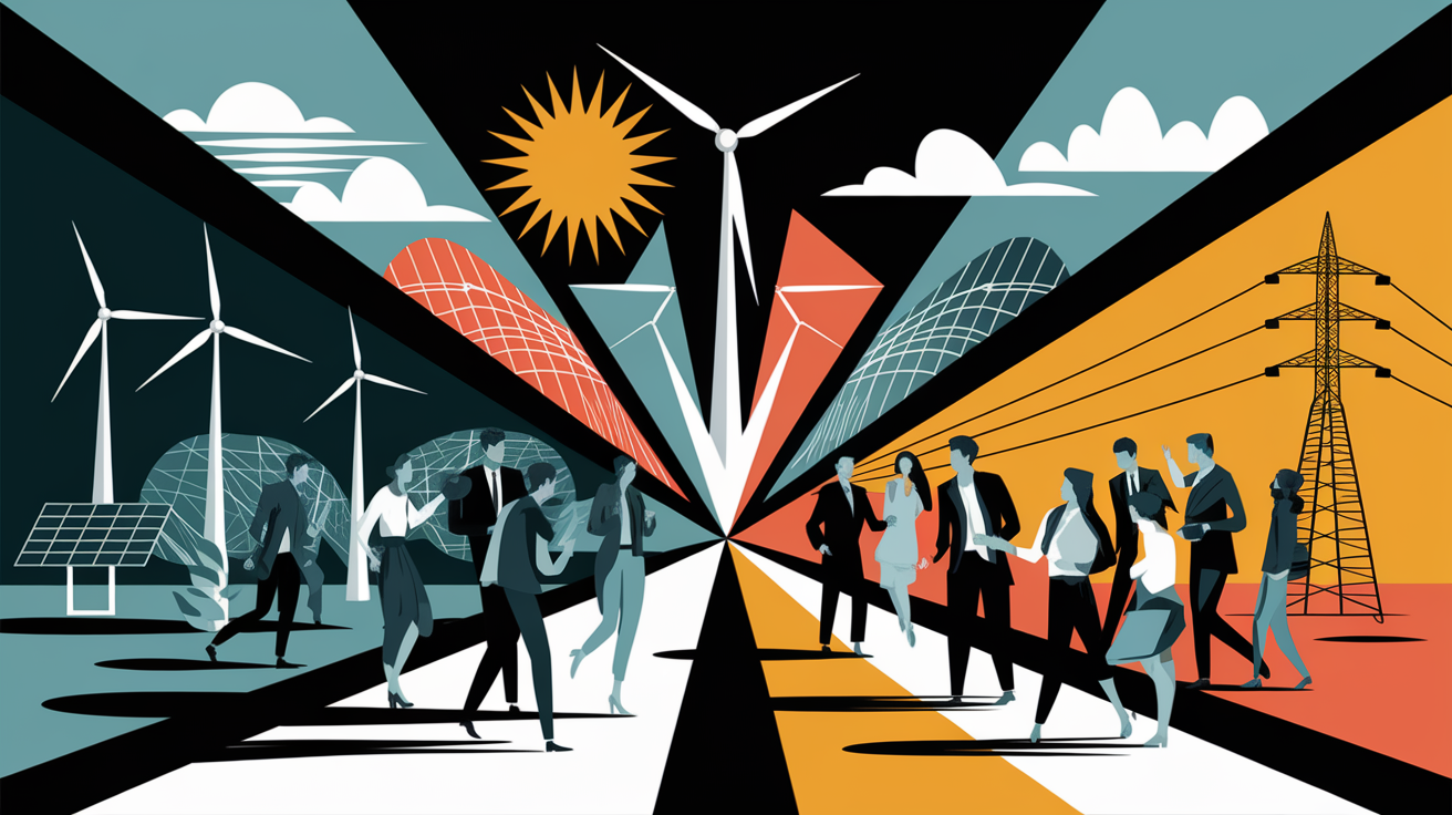 A conceptual illustration representing Engaging Stakeholders in Energy Management. Visualize the main ideas: . Creative but clear representation of the concept. Style: Visual Theme: Clean, modern aesthetic with high contrast and vibrant energy. Emphasize the intersect. high quality, detailed, professional, clean composition, good lighting, sharp focus, well-composed. high quality, professional, detailed, well-composed