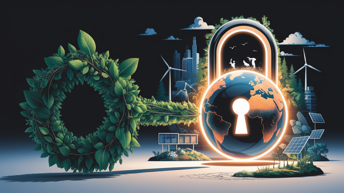 A conceptual illustration representing Unlocking the Power of Sustainability. Visualize the main ideas: . Creative but clear representation of the concept. Style: Visual Theme: Clean, modern aesthetic with high contrast and vibrant energy. Emphasize the intersect. high quality, detailed, professional, clean composition, good lighting, sharp focus, well-composed. high quality, professional, detailed, well-composed