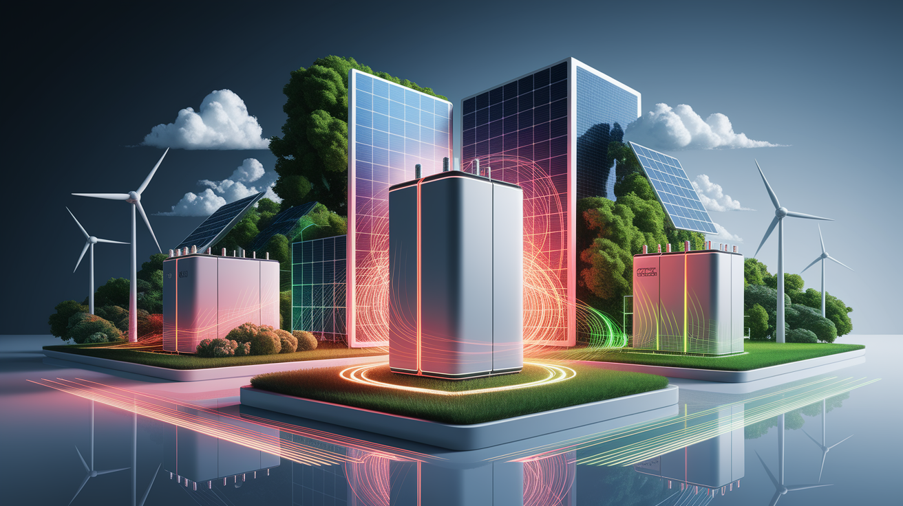 A conceptual illustration representing Innovative Technologies in Sustainable Battery Storage. Visualize the main ideas: . Creative but clear representation of the concept. Style: Visual Theme: Clean, modern aesthetic with high contrast and vibrant energy. Emphasize the intersect. high quality, detailed, professional, clean composition, good lighting, sharp focus, well-composed. high quality, professional, detailed, well-composed