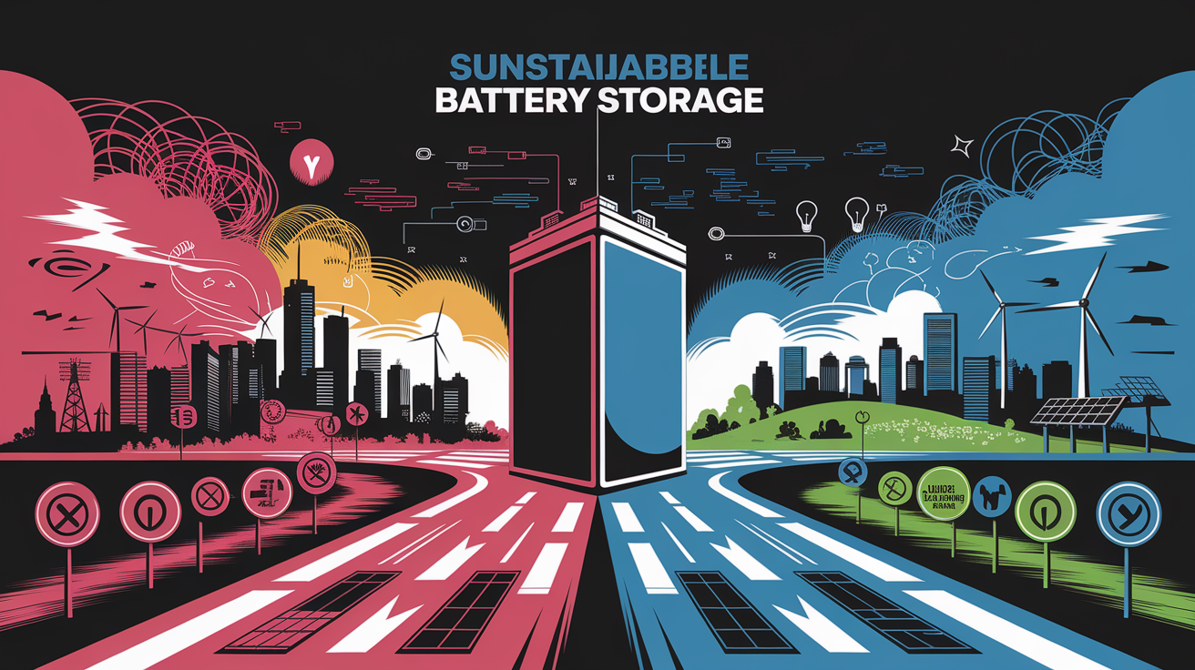 A conceptual illustration representing Challenges and Opportunities in Sustainable Battery Storage. Visualize the main ideas: . Creative but clear representation of the concept. Style: Visual Theme: Clean, modern aesthetic with high contrast and vibrant energy. Emphasize the intersect. high quality, detailed, professional, clean composition, good lighting, sharp focus, well-composed. high quality, professional, detailed, well-composed