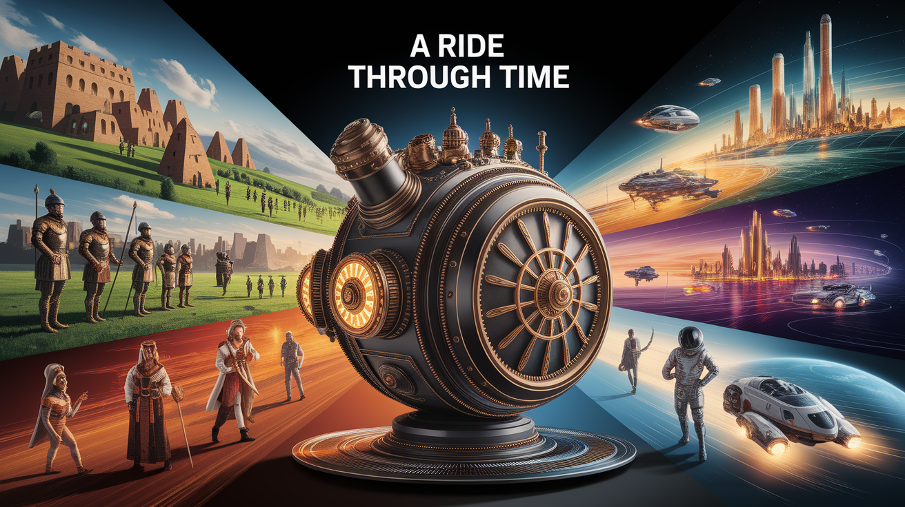 A conceptual illustration representing A Ride Through Time. Visualize the main ideas: . Creative but clear representation of the concept. Style: photorealistic. high quality, detailed, professional, clean composition, good lighting, sharp focus, well-composed. high quality, professional, detailed, well-composed