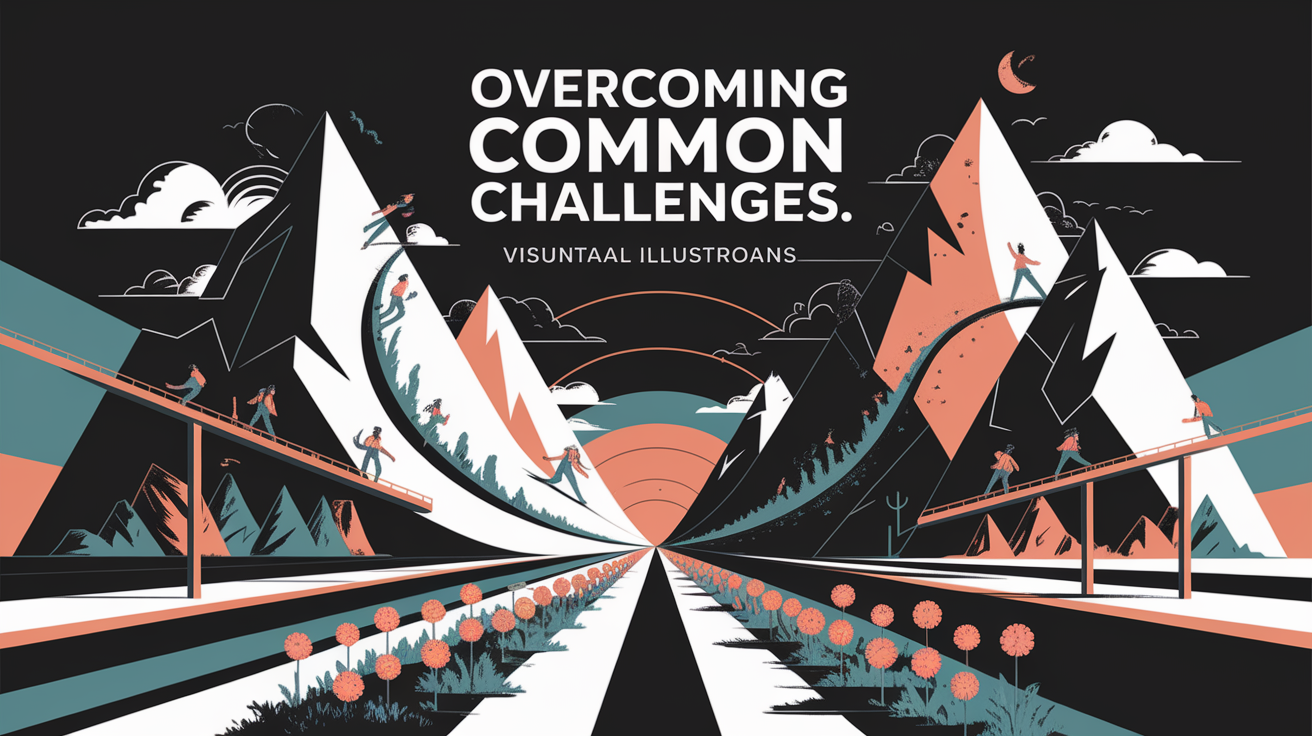 A conceptual illustration representing Overcoming Common Challenges. Visualize the main ideas: . Creative but clear representation of the concept. Style: Visual Theme: Clean, modern aesthetic with high contrast and vibrant energy. Emphasize the intersect. high quality, detailed, professional, clean composition, good lighting, sharp focus, well-composed. high quality, professional, detailed, well-composed