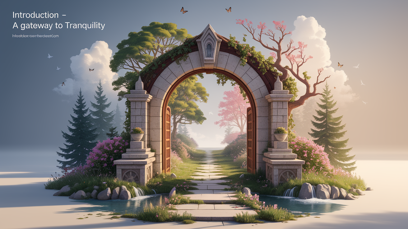 A conceptual illustration representing Introduction - A Gateway to Tranquility. Visualize the main ideas: . Creative but clear representation of the concept. Style: photorealistic. high quality, detailed, professional, clean composition, good lighting, sharp focus, well-composed. high quality, professional, detailed, well-composed