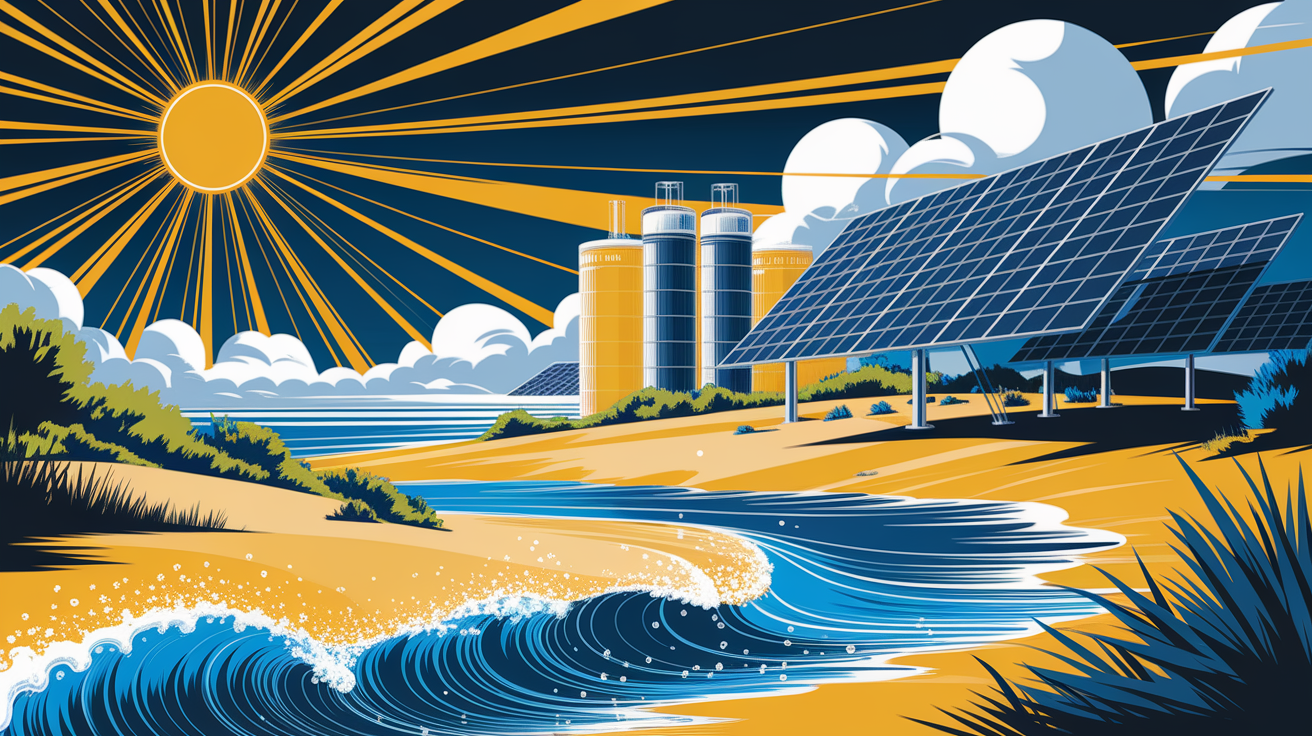 A conceptual illustration representing The Power of Solar Desalination. Visualize the main ideas: . Creative but clear representation of the concept. Style: Visual Theme: Clean, modern aesthetic with high contrast and vibrant energy. Emphasize the intersect. high quality, detailed, professional, clean composition, good lighting, sharp focus, well-composed. high quality, professional, detailed, well-composed