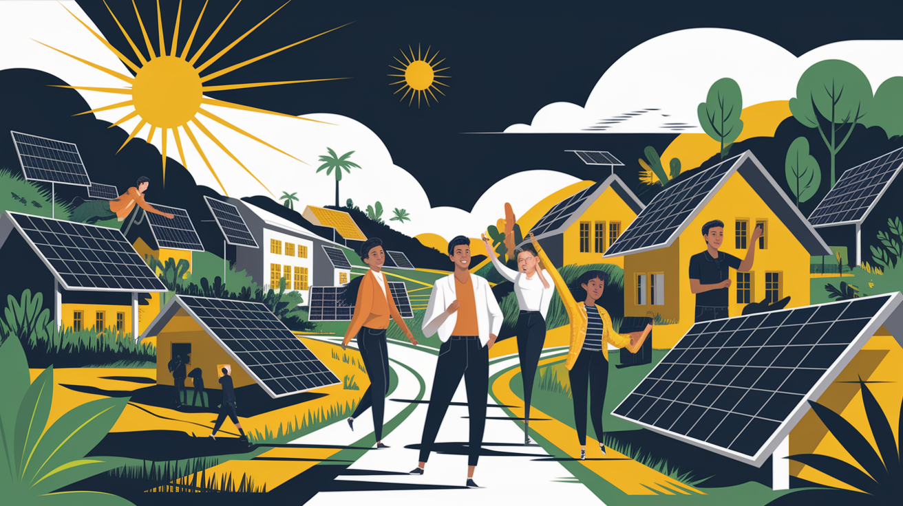 A conceptual illustration representing The Power of Solar in Emerging Markets. Visualize the main ideas: . Creative but clear representation of the concept. Style: Visual Theme: Clean, modern aesthetic with high contrast and vibrant energy. Emphasize the intersect. high quality, detailed, professional, clean composition, good lighting, sharp focus, well-composed. high quality, professional, detailed, well-composed