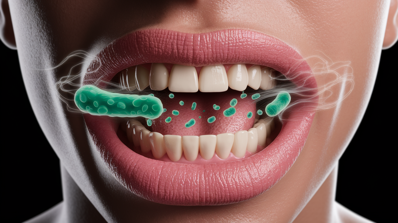A conceptual illustration representing The Culprits Behind Bad Breath. Visualize the main ideas: . Creative but clear representation of the concept. Style: photorealistic. high quality, detailed, professional, clean composition, good lighting, sharp focus, well-composed. high quality, professional, detailed, well-composed