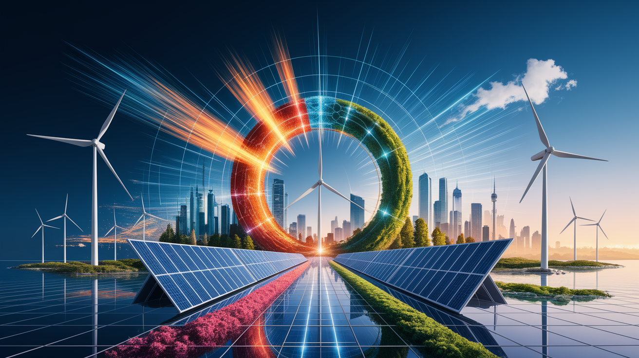 A conceptual illustration representing Future Trends in Energy Optimization. Visualize the main ideas: . Creative but clear representation of the concept. Style: Visual Theme: Clean, modern aesthetic with high contrast and vibrant energy. Emphasize the intersect. high quality, detailed, professional, clean composition, good lighting, sharp focus, well-composed. high quality, professional, detailed, well-composed